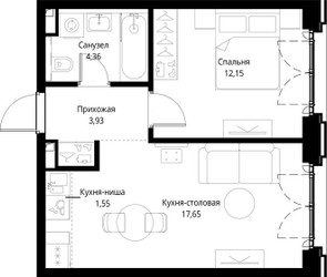 Планировка однокомнатной(квартира) площадью 39.64 квадратных метров в ЖК “ЖК Сити Бэй”