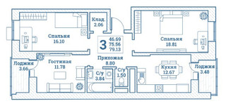 Планировка трехкомнатной(квартира) площадью 79.13 квадратных метров в “ЖК Новоград Монино”