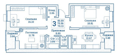 Планировка трехкомнатной(квартира) площадью 79.13 квадратных метров в ЖК “ЖК Новоград Монино”