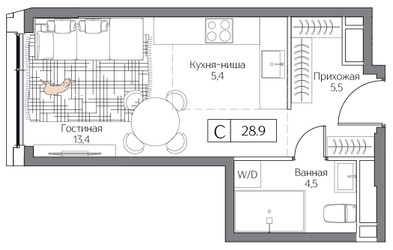 Планировка студии(квартира) площадью 28 квадратных метров в ЖК “ЖК Dream Riva (Дрим Рива)”
