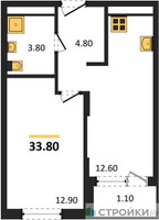 Планировка однокомнатной(апартаменты) площадью 33.8 квадратных метров в “ЖК Равновесие”