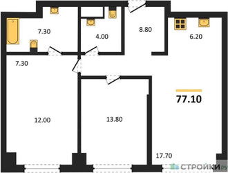 Планировка двухкомнатной(квартира) площадью 77.1 квадратных метров в ЖК “ЖК Very (Вери)”