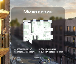 Планировка трехкомнатной(квартира) площадью 77.7 квадратных метров в ЖК “ЖК Михалевич”