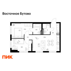 Планировка двухкомнатной(квартира) площадью 50.6 квадратных метров в ЖК “ЖК Восточное Бутово”