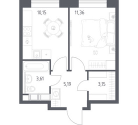 Планировка однокомнатной(квартира) площадью 33.46 квадратных метров в ЖК “ЖК Цветочные Поляны”