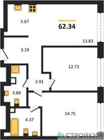 Планировка двухкомнатной(квартира) площадью 62.34 квадратных метров в “ЖК TATE (Тэйт)”