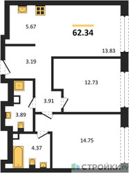 Планировка двухкомнатной(квартира) площадью 62.34 квадратных метров в ЖК “ЖК TATE (Тэйт)”