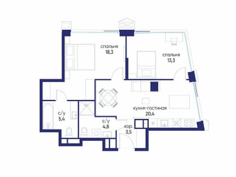 Планировка двухкомнатной(квартира) площадью 65.72 квадратных метров в ЖК “ЖК Остров”