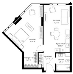 Планировка однокомнатной(апартаменты) площадью 54.8 квадратных метров в ЖК “ЖК JOIS (Джойс)”