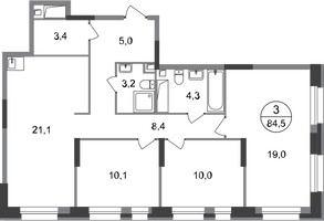 Планировка трехкомнатной(квартира) площадью 84.5 квадратных метров в “ЖК Первый Московский”