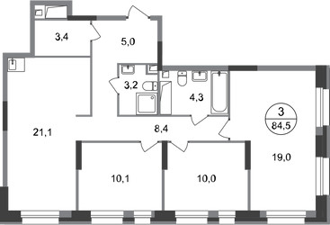 Планировка трехкомнатной(квартира) площадью 84.5 квадратных метров в ЖК “ЖК Первый Московский”