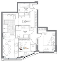 Планировка двухкомнатной(квартира) площадью 67 квадратных метров в “ЖК Dream Riva (Дрим Рива)”