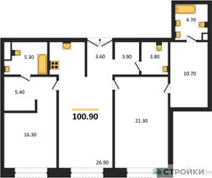 Планировка двухкомнатной(квартира) площадью 100.9 квадратных метров в “ЖК Большая Татарская 35”