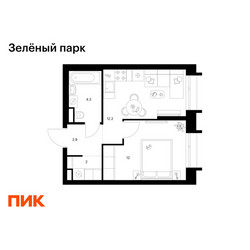 Планировка однокомнатной(квартира) площадью 33.4 квадратных метров в ЖК “ЖК Зеленый парк”