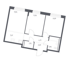 Планировка двухкомнатной(квартира) площадью 52.72 квадратных метров в ЖК “ЖК Квартал Западный”