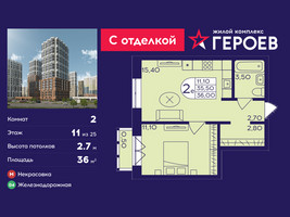 Планировка двухкомнатной(квартира) площадью 36 квадратных метров в “ЖК Героев”