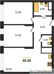 Планировка двухкомнатной(квартира) площадью 59.2 квадратных метров в ЖК “ЖК Переделкино Ближнее”