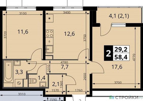 Планировка двухкомнатной(квартира) площадью 58.4 квадратных метров в “ЖК ЮЖНАЯ БИТЦА”
