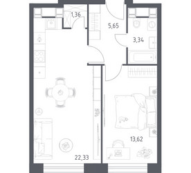 Планировка однокомнатной(апартаменты) площадью 46.3 квадратных метров в ЖК “ЖК Пятницкое 58 (Перец)”