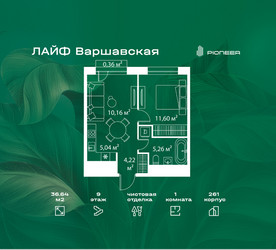 Планировка однокомнатной(квартира) площадью 36.64 квадратных метров в ЖК “Жилой квартал Лайф Варшавская”