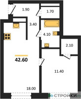 Планировка однокомнатной(квартира) площадью 42.6 квадратных метров в “ЖК Квартал Метроном”