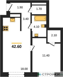 Планировка однокомнатной(квартира) площадью 42.6 квадратных метров в ЖК “ЖК Квартал Метроном”
