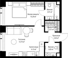 Планировка однокомнатной(квартира) площадью 45.66 квадратных метров в “ЖК Веер”