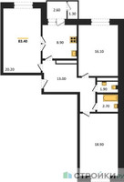 Планировка трехкомнатной(квартира) площадью 83.3 квадратных метров в “ЖК Три квартала”