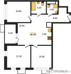 Планировка трехкомнатной(квартира) площадью 65.7 квадратных метров в ЖК “ЖК Скандинавия”