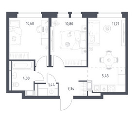 Планировка двухкомнатной(квартира) площадью 50.9 квадратных метров в ЖК “ЖК Большое Путилково”