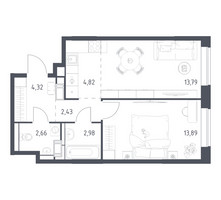 Планировка однокомнатной(квартира) площадью 43.6 квадратных метров в “ЖК Алхимово”