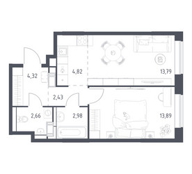 Планировка однокомнатной(квартира) площадью 43.6 квадратных метров в ЖК “ЖК Алхимово”