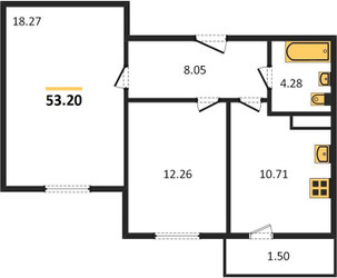 Планировка двухкомнатной(квартира) площадью 53 квадратных метров в ЖК “ЖК Борисоглебское”