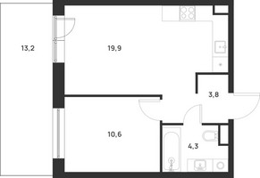 Планировка однокомнатной(квартира) площадью 42.6 квадратных метров в “ЖК Форевиль”