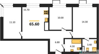 Планировка трехкомнатной(квартира) площадью 65.6 квадратных метров в “ЖК Foreville (Форевилль)”