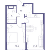 Планировка однокомнатной(квартира) площадью 49.9 квадратных метров в “ЖК THE LOT by Akvilon”