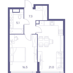 Планировка однокомнатной(квартира) площадью 49.9 квадратных метров в ЖК “ЖК THE LOT by Akvilon”