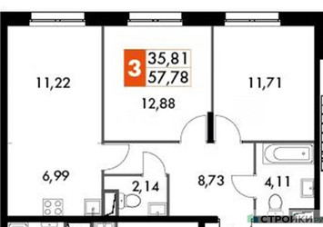 Планировка двухкомнатной(квартира) площадью 57.78 квадратных метров в ЖК “ЖК Движение. Говорово”
