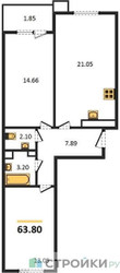 Планировка двухкомнатной(квартира) площадью 63.8 квадратных метров в ЖК “ЖК Равновесие”