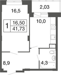 Планировка однокомнатной(квартира) площадью 41.6 квадратных метров в ЖК “ЖК Времена года”