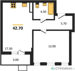 Планировка однокомнатной(квартира) площадью 42.7 квадратных метров в ЖК “ЖК Деснаречье”