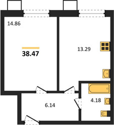 Планировка однокомнатной(квартира) площадью 38.47 квадратных метров в ЖК “ЖК Бархат”