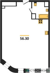 Планировка однокомнатной(квартира) площадью 56.3 квадратных метров в ЖК “ЖК Стремянный 2 (Амарант)”