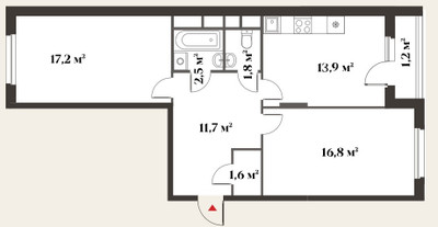 Планировка двухкомнатной(квартира) площадью 66.5 квадратных метров в ЖК “Миниполис 8 кленов”