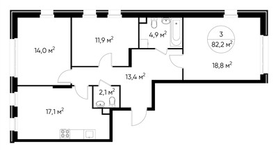Планировка трехкомнатной(квартира) площадью 82.2 квадратных метров в ЖК “ЖК Переделкино Ближнее”