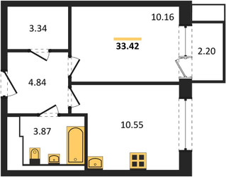 Планировка однокомнатной(квартира) площадью 33.42 квадратных метров в ЖК “ЖК Квартал Сабурово”