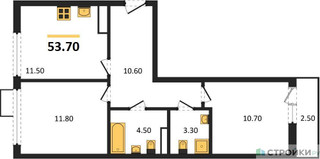 Планировка двухкомнатной(квартира) площадью 53.7 квадратных метров в “ЖК Бунинские кварталы”