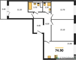 Планировка трехкомнатной(квартира) площадью 74.9 квадратных метров в “ЖК Заречье Парк”