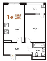 Планировка однокомнатной(квартира) площадью 47.1 квадратных метров в “ЖК Новое Летово”