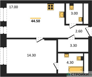 Планировка однокомнатной(квартира) площадью 44.5 квадратных метров в ЖК “ЖК Первый Московский”